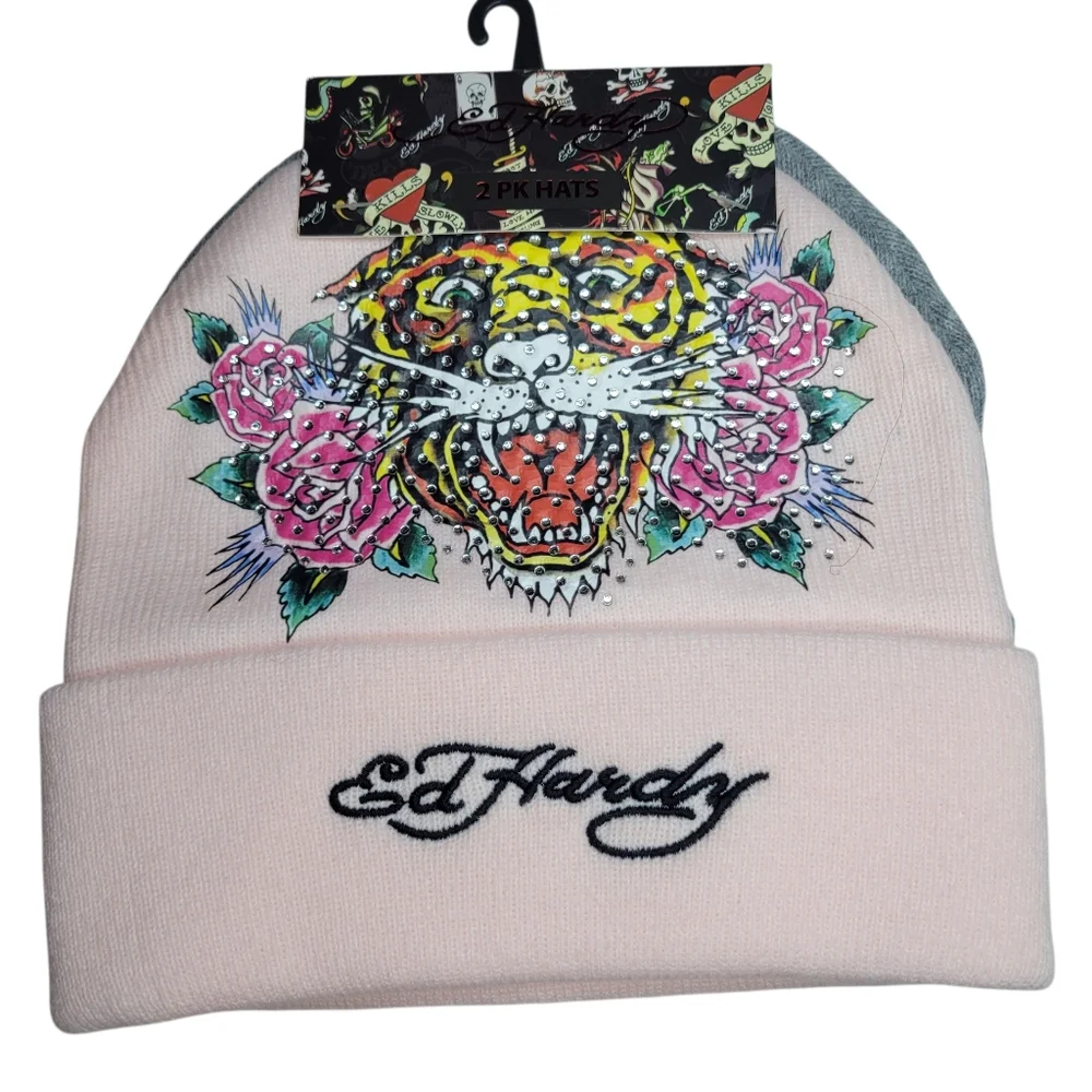 Ed Hardy Beanies Hats Gray & Pink Brand New, Never Worn 2 Beanies - Picture 3 of 5